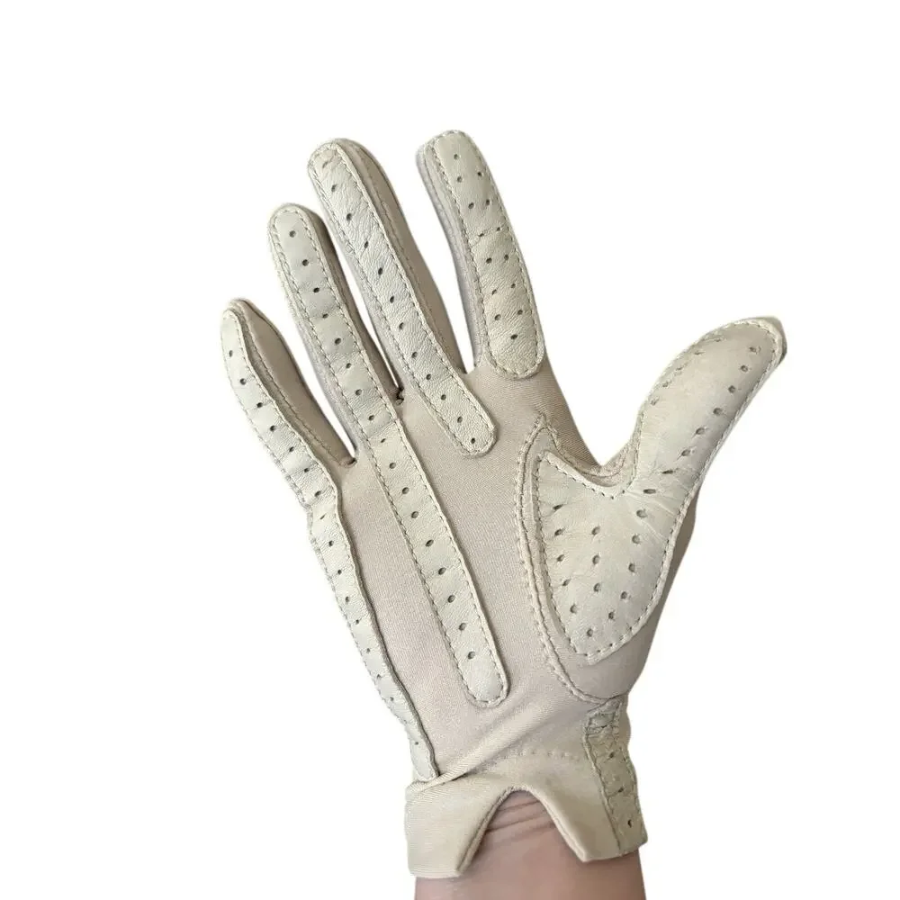 Vintage Isotoner Bone one size gloves leather trimmed stretch Driving Gloves